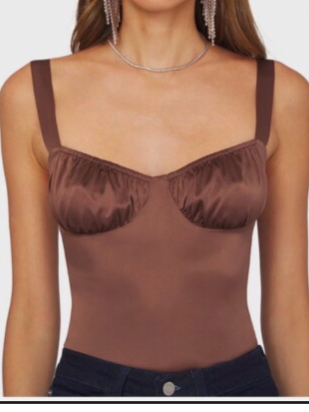 We Wore What Ruched Cup Shiny Stretch Satin Charmeuse Bodysuit Brown US 6